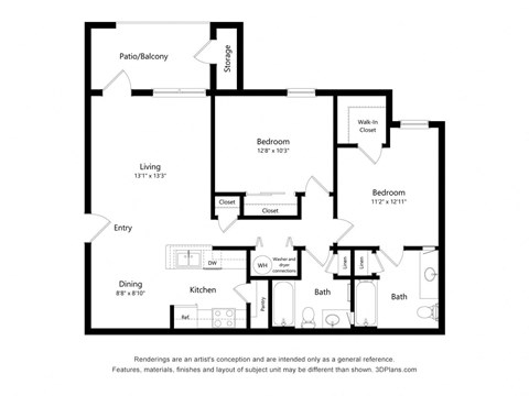 Floor plan for 2 beds, 2 baths, 950 sqft